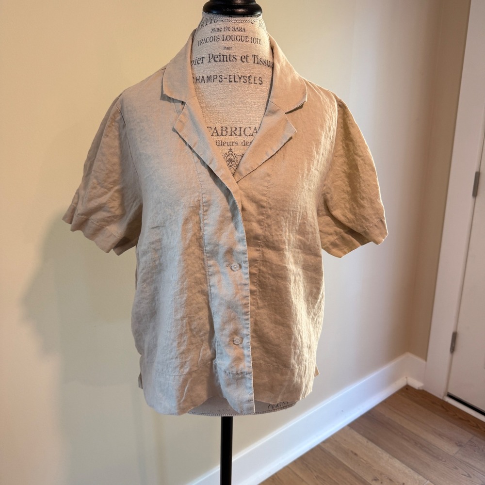 Quince‎ Women's Brown 100% Linen Short Sleeve Button Up Shirt Size XL